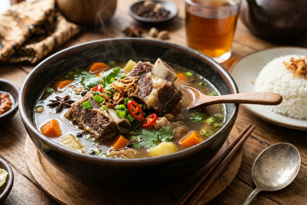 Sop iga sapi berempah dengan kuah bening, daging iga empuk, wortel, kentang, daun bawang, dan taburan bawang goreng.